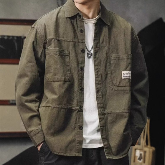 American Style Spring and Autumn Jacket Men's New Cross-border Loose Tooling Shirt 2024 Long Sleeve Shirt Japanese Style Retro Casual