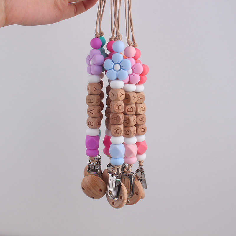 Flor simple silicona cuentas tetina cadena de tres agujeros de avele bebé tetina clip de cadena