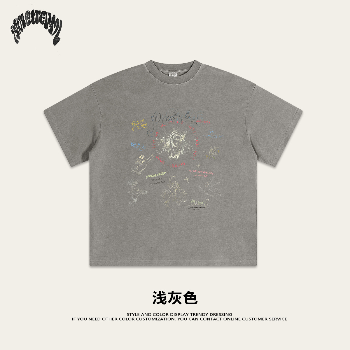 2025 primavera y verano retro marca de moda vintage lavado ángel impresión de cuello redondo pareja camiseta de calle de manga corta moda masculina
