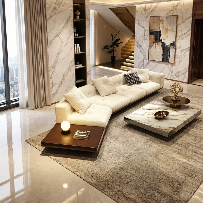 Italian Minimalist Dilan Sofa for Large-Sized Hotel Reception Villa Cotton and Linen Fabric Furniture Large Flat Floor Special-Shaped Corner