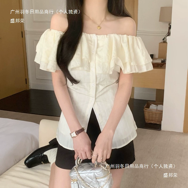 Женская рубашка с короткими рукавами и рюшами на одно плечо во французском стиле, весенний нишевый дизайн, топ с утягивающей талией