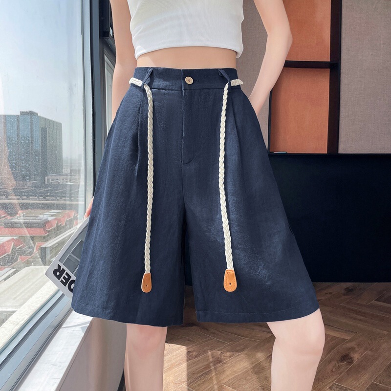 Zoz Korean High-Waisted Bohemian Resort Style Linen Casual Shorts Summer New Casual Versatile Mid-Pants for Women
