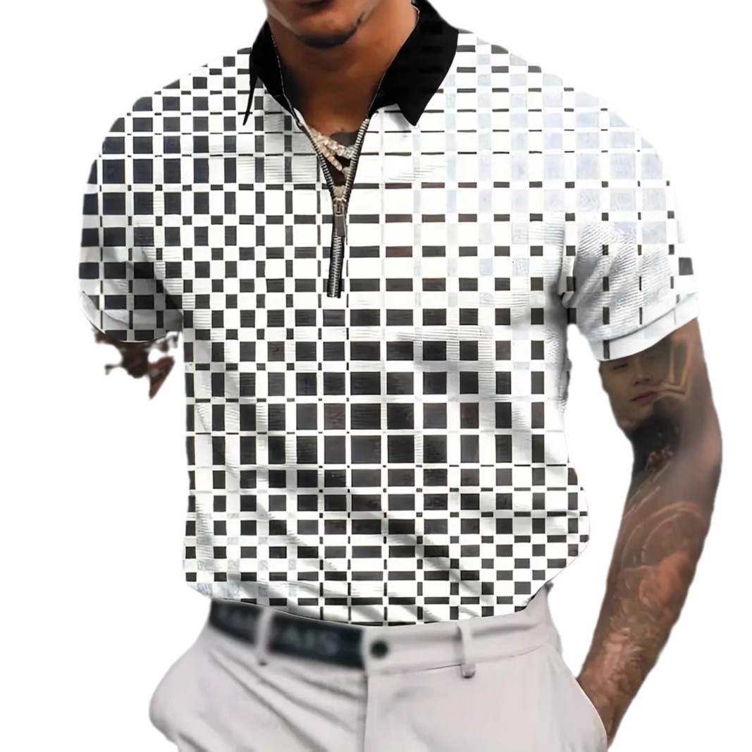 Camisa de polo suelta transpirable de malla de hombre de verano con cremallera de manga corta con camisa POLO simple con estampado 3D cuadrado geométrico
