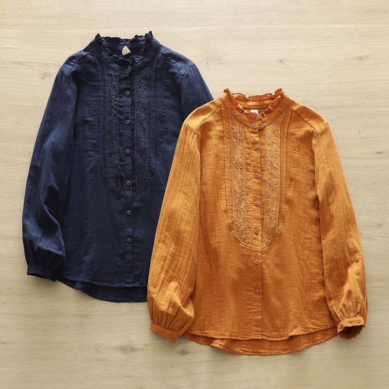 Autumn new Korean version of literary and artistic style embroidery double-layer yarn shirt with wood ear collar lace long sleeve loose cotton yarn shirt 857 Autumn new Korean version of literary and artistic style embroidery double-layer yarn shirt with wood ear collar lace long sleeve loose cotton yarn shirt 857