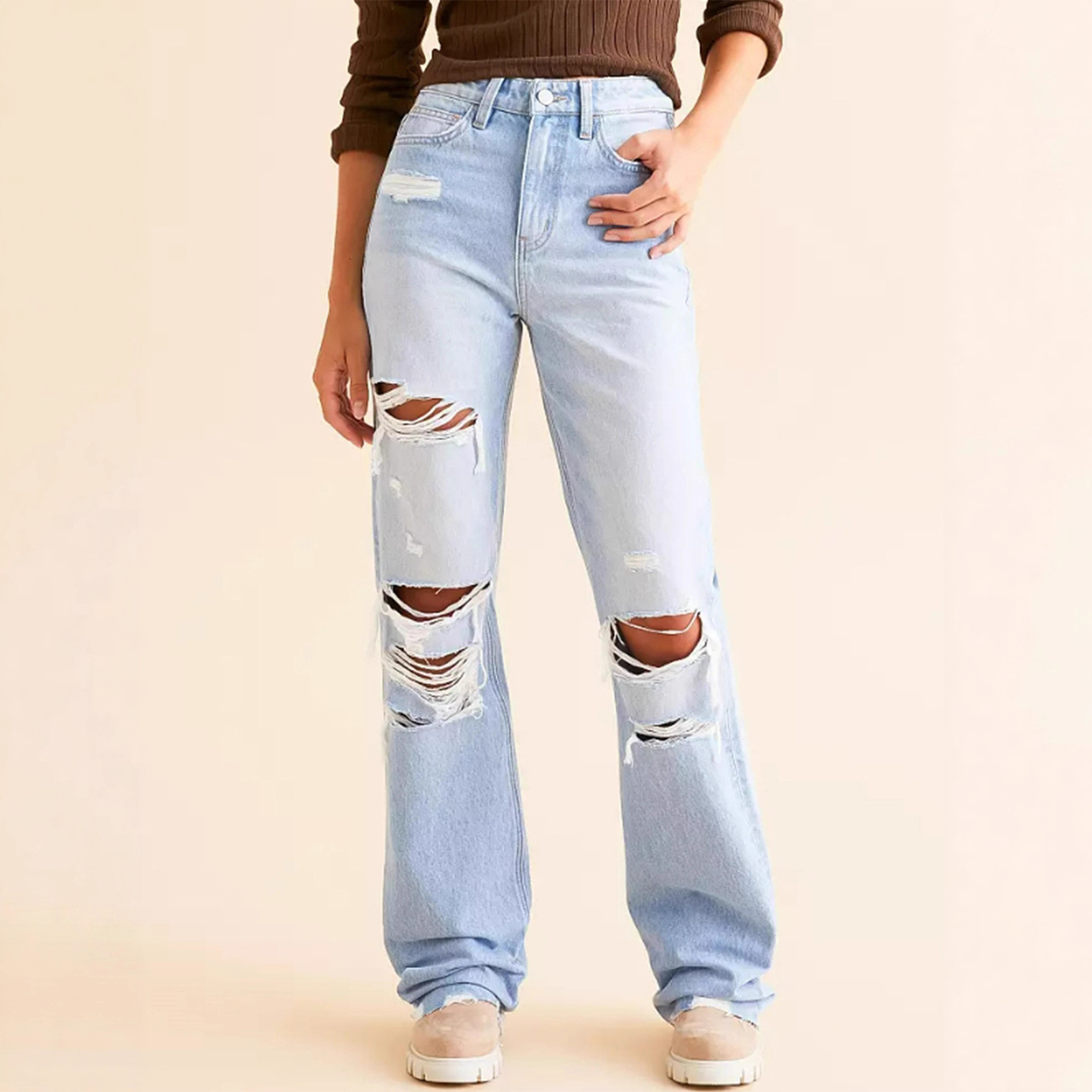 2025 New Cross-Border Women's Solid Color Simple Everyday Ripped Denim Pants Women's Clothing Factory Direct Sales and Dropshipping