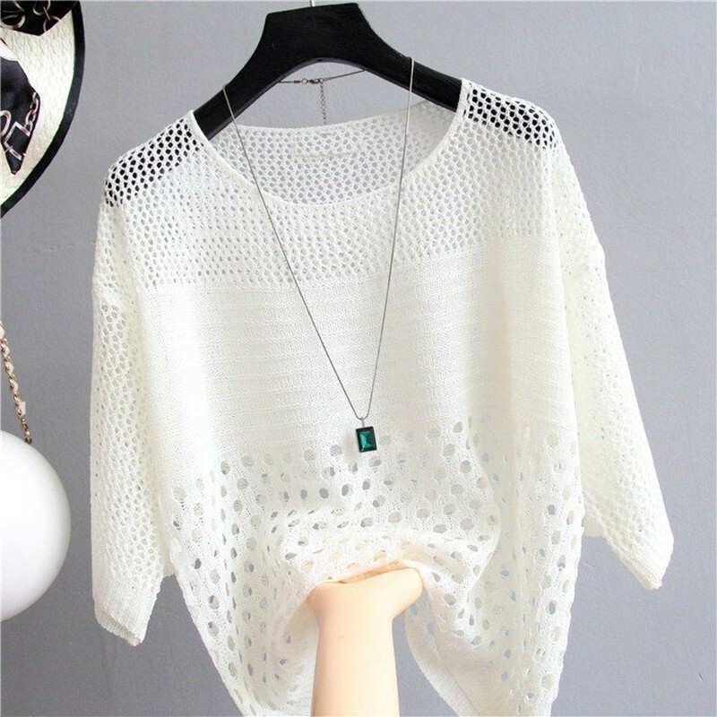 Cross-Border Fashion Popular Hollow Knitted Sweater Summer Short-Sleeved Loose Thin Pullover Sun Protection Blouse Top for Women to Wear Outside Cross-Border Fashion Popular Hollow Knitted Sweater Summer Short-Sleeved Loose Thin Pullover Sun Protection Blouse Top for Women to Wear Outside