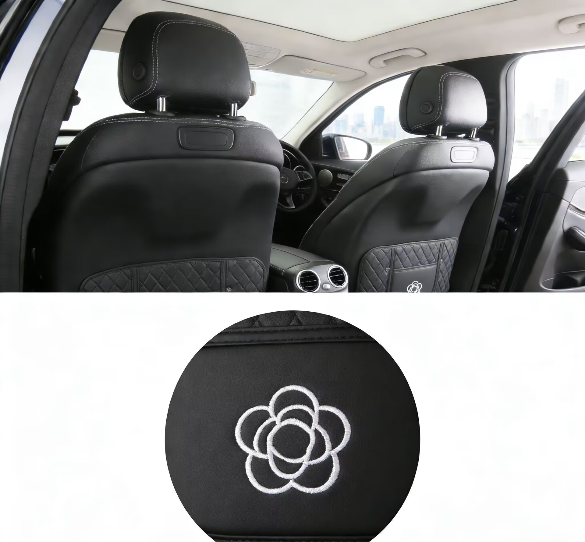 Camellia Car Anti-Kick Pad, Small Fragrance Style Rear Seat Protective Pad, Leather Seat Back Wear-Resistant Protective Pad