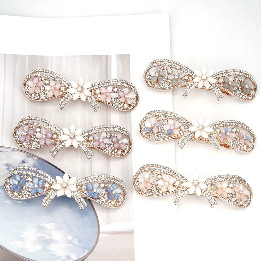 Заколки для волос HUAGU JEWEL с цветочным бантом - металлические зажимы с кристаллами, элегантный флористический аксессуар