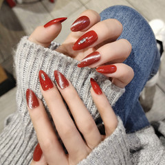 B218妖媚貓眼水滴甲尖頭長款網紅時尚紅色貓眼帶鑽穿戴甲秋冬顯白