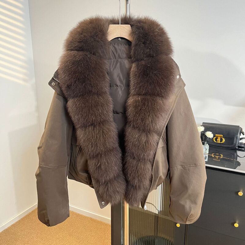 2026 Winter New Style Women's Fur Coat with Large Fox Fur Collar, Short Fashion Loose Thickened Parka Jacket