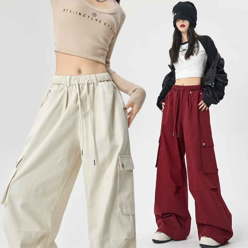 American-Style Trendy Brand Large-Pocket Solid Color Casual Pants for Women 2026 Spring Loose Versatile Trendy Straight-Leg Sports Cargo Pants