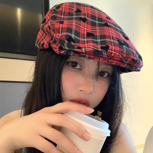 Retro college style forward cap, plaid artist beret subculture, feminine casual versatile duckbill hat, sweet and cool, spicy girl