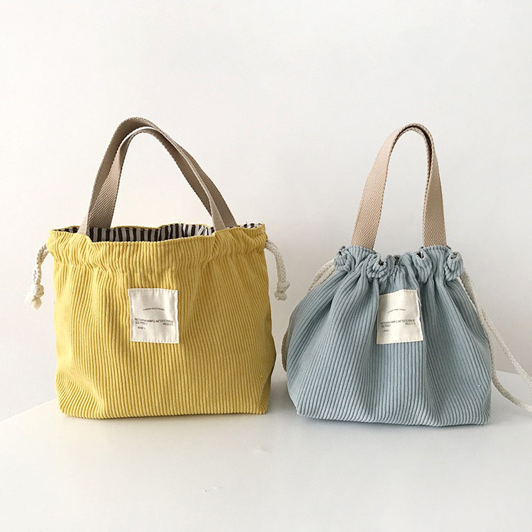 Japanese-style minimalist lunch bag, corduroy lunch tote for office workers, portable small bag with drawstring closure