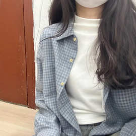 韩系休闲慵懒松弛感复古格子的通勤衬衫宽松显瘦POLO领新款衬衣女