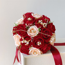 中式婚礼新娘手捧花仿真花婚庆礼服花束女儿成人节领证红色玫瑰