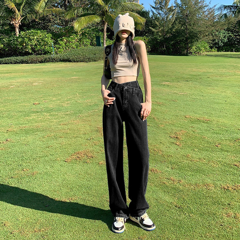 871 Retro High Waist Design Sense Cross Waist Jeans Women's Slim Look Straight Trendy Pants