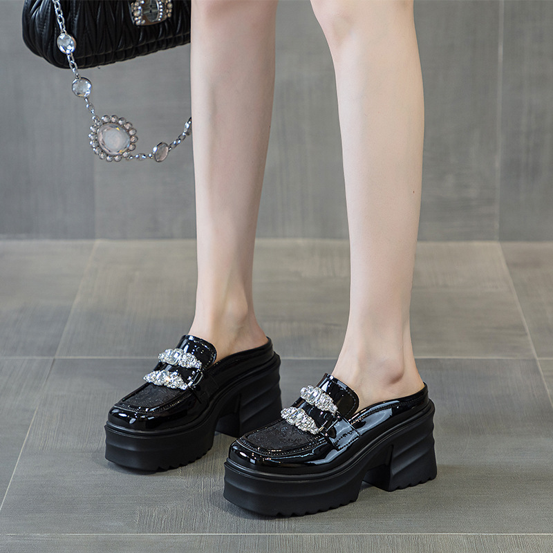 Baotou Half Slippers Women's Mesh Rhinestone Outer Wear Small Leather Shoes Spring and Summer 2024 New Style Increased Thick Sole High Heel Slip-on