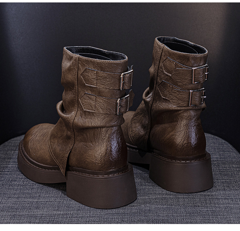 Giày bốt ngắn kiểu Anh nữ cổ thấp đế dày phong cách cưỡi ngựa xếp ly — M2656-1 kaki lót nhung, M2656 kaki một lớp bên trong, M2656 một lớp màu đen, M2656-1 màu đen lót nhung chi tiết 28
