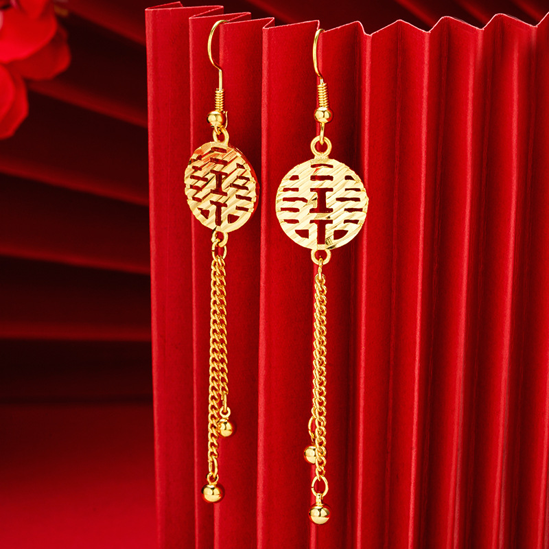 Doble Xi linmen pendientes largos de la borla Vietnam arena Oro de las mujeres del todo-fósforo de estilo chino festivo joyería de la boda al por mayor