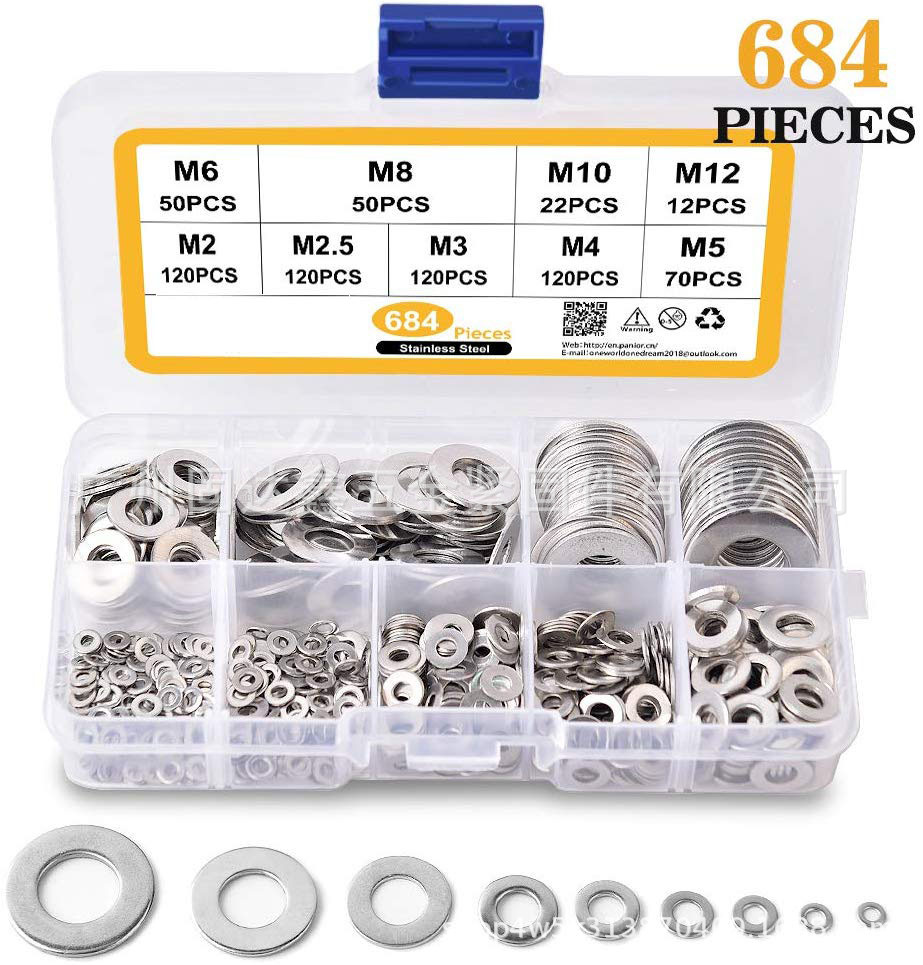 跨境专供684PCS盒装不锈钢平垫圈 M2/2.5/4/5/6/8/10/12 垫片