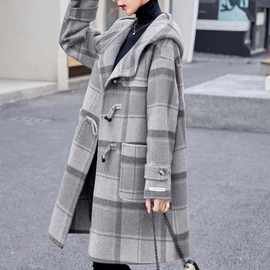 牛角扣格子双面羊毛呢子大衣女新款秋冬季中长款连帽呢外套