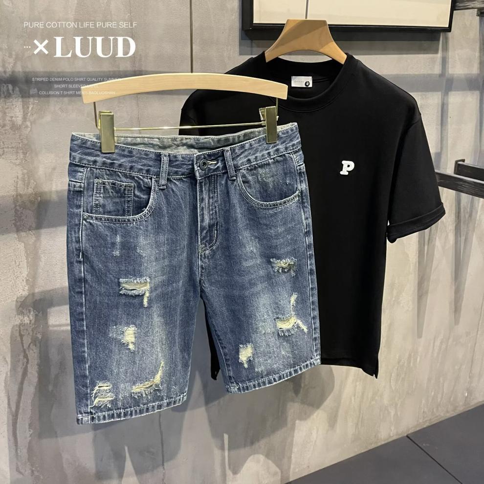 Men's Ripped Denim Shorts Casual Loose Fit Washed Perforated Straight Leg Mid Waist Trendy Summer Style Cotton Five Point Pants_mkmklike.com