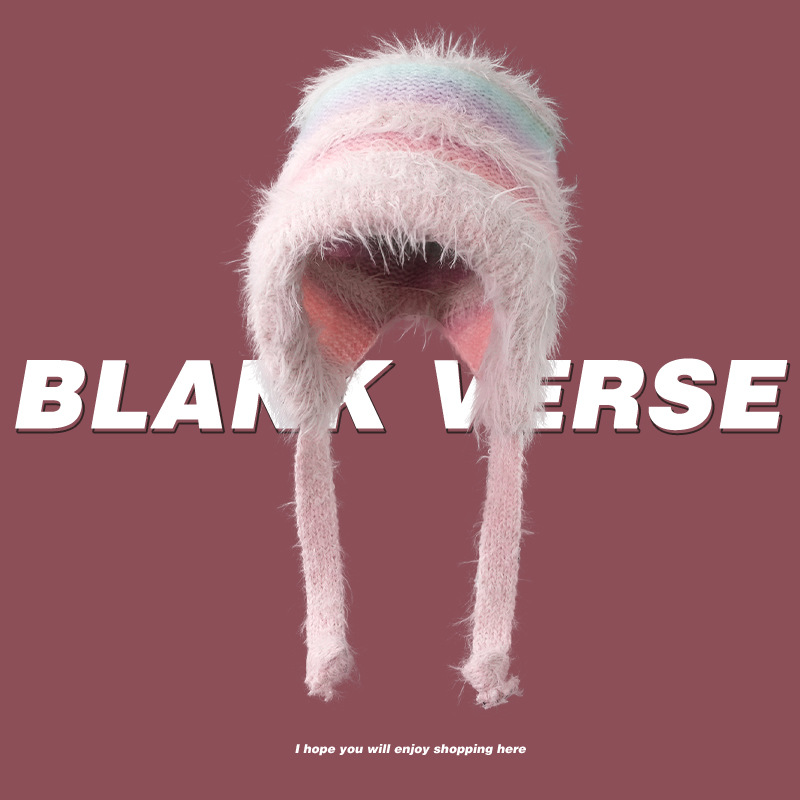 Cappello di lana lavorato a maglia con lacci, protezione per le orecchie, autunno e inverno, colore sfumato, a righe, caldo, in peluche, da donna_voghion.com