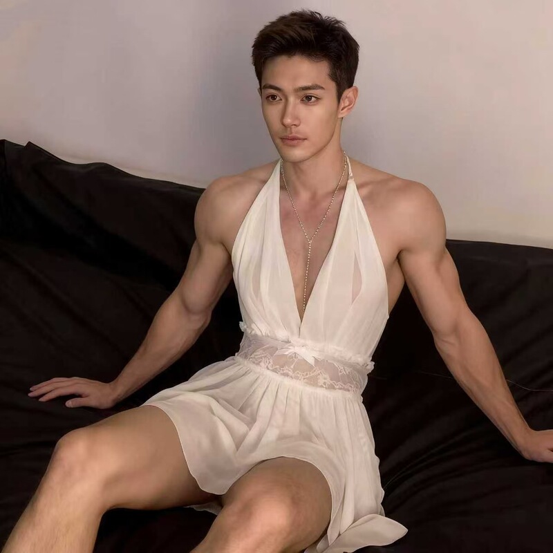 Lobe Men's Erotic Lingerie Mesh See-Through Nightgown Halter Backless Lace Deep V Seductive Plus Size Sexy Nightdress