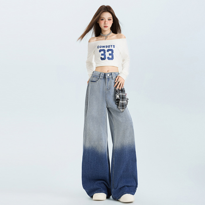 拖地长裤女2025早秋新款设计感格子飘带高腰显瘦洗水阔腿牛仔裤|undefined