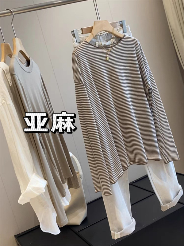 IN BLUE 高端线！亚麻混纺慵懒松弛感经典宽松条纹罩衫长袖T恤女|undefined