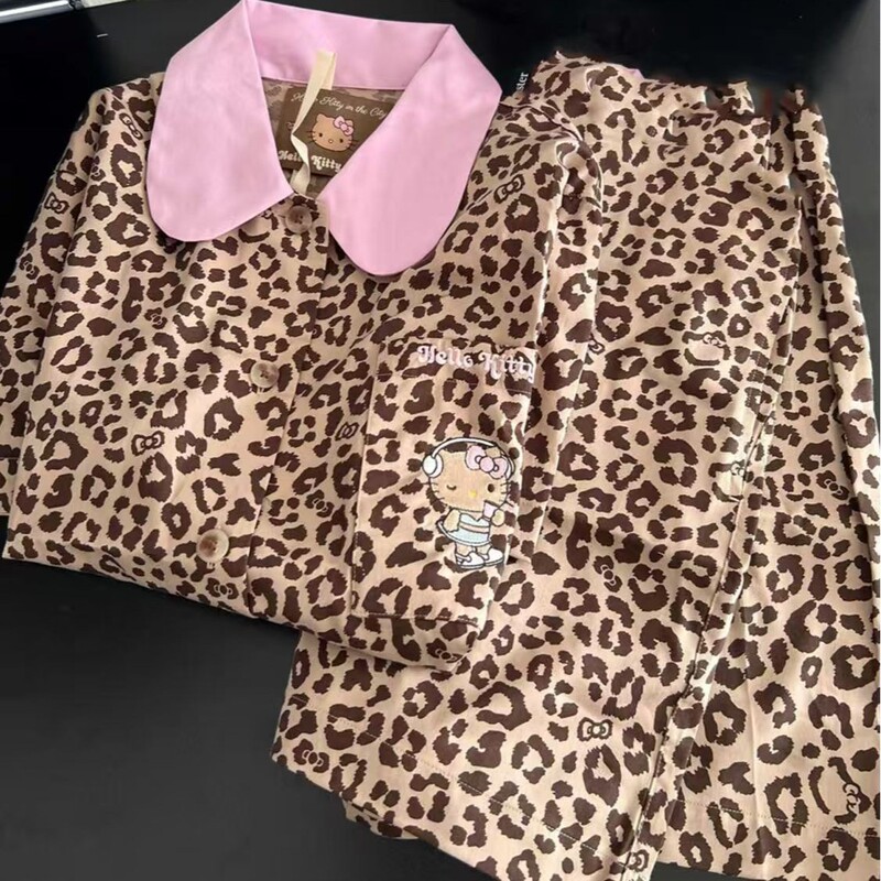 韓国版のシンプルなヒョウ柄キティ猫パジャマ女性用夏半袖ショーツ純粋な欲望スタイルスーツは家の服の外で着用できます|undefined