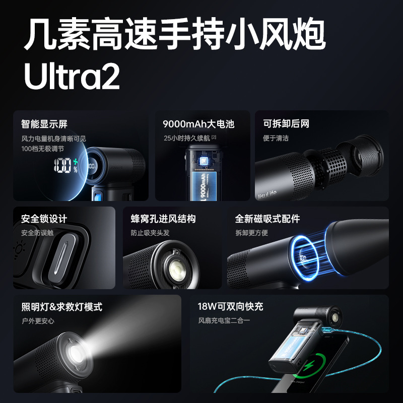 JISULIFE 小型ファンハンド高速省エネ小型風力砲ブラックテクノロジー 25H バッテリー寿命 9000mah 大容量|undefined