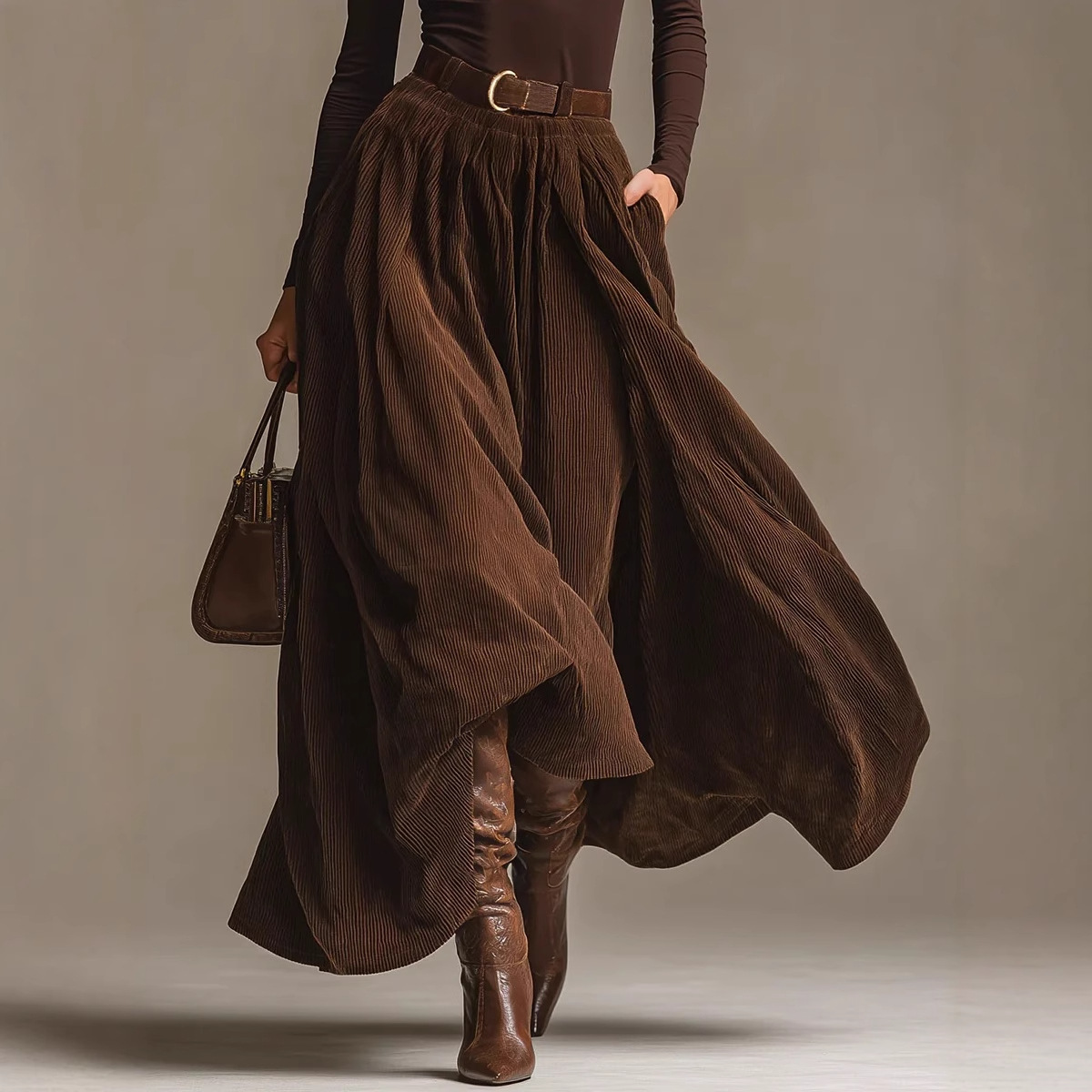 Retro Corduroy Skirt Set – High-Waisted Flared Midi Skirt & Solid Top (S-XXL, Coffee Brown)_ecoleips.com