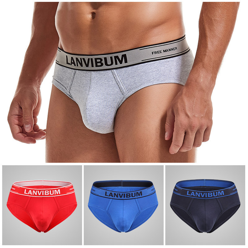 New Lanvibum Men's Underwear Briefs Cotton Mid-Waist Large Size Pure Color Sexy Trendy Men's Briefs