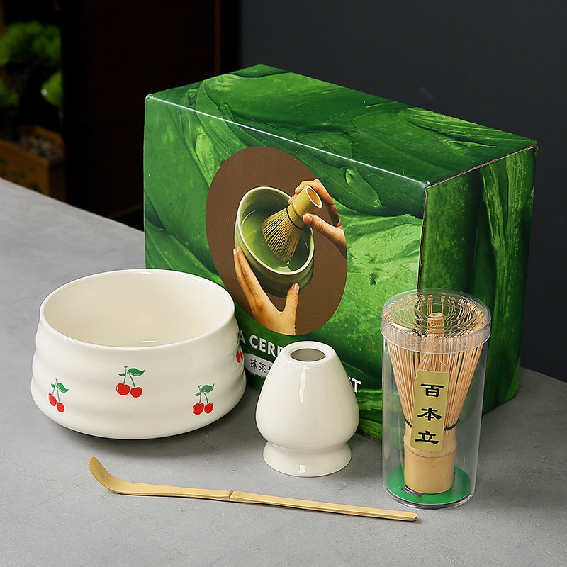 跨境抹茶碗套装樱桃蝴蝶结心形图案花纸陶瓷百本立茶筅点茶系列|undefined