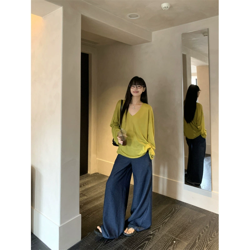 Реальный снимок, реальная цена, удобное ощущение обнаженности, тонкий однотонный универсальный топ с длинными рукавами и защитой от солнца + свободные широкие брюки в полоску