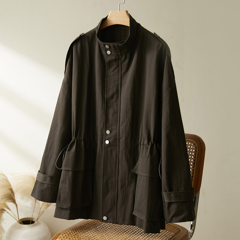 Cotton Cocoon Navy Blue Trench Coat for Women 2026 Spring and Autumn New Design Jacket Top Korean Style Fashion Stand Collar Outerwear