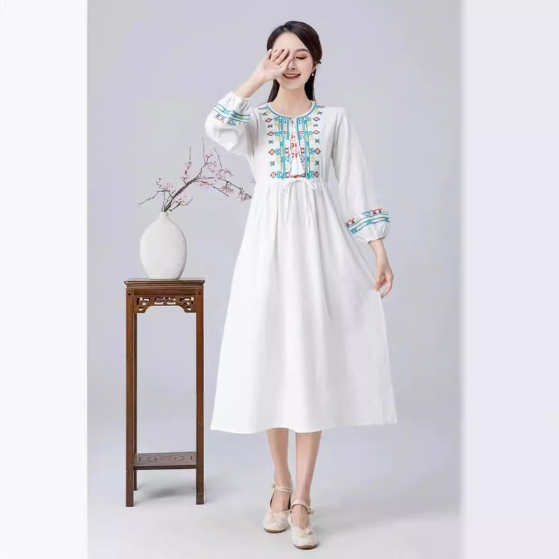 Cotton and linen long sleeve embroidered waist slimming travel style artistic retro mid-length fashion small fresh white dress Cotton and linen long sleeve embroidered waist slimming travel style artistic retro mid-length fashion small fresh white dress