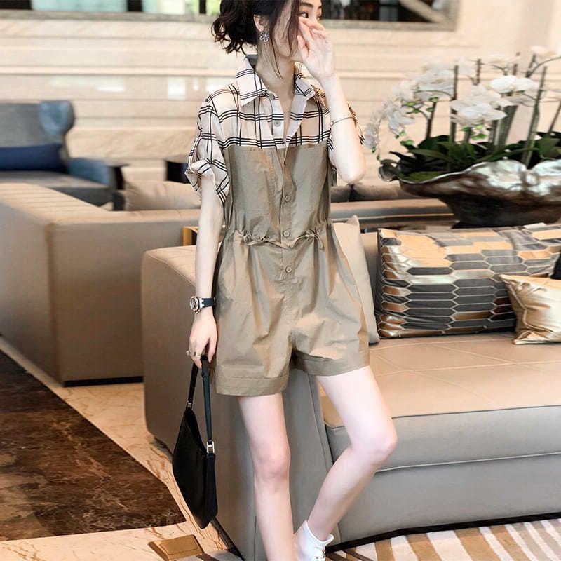 Plaid Patchwork Jumpsuit Women's Small Casual Wide Leg Shorts Set Summer 2023 New Dress
