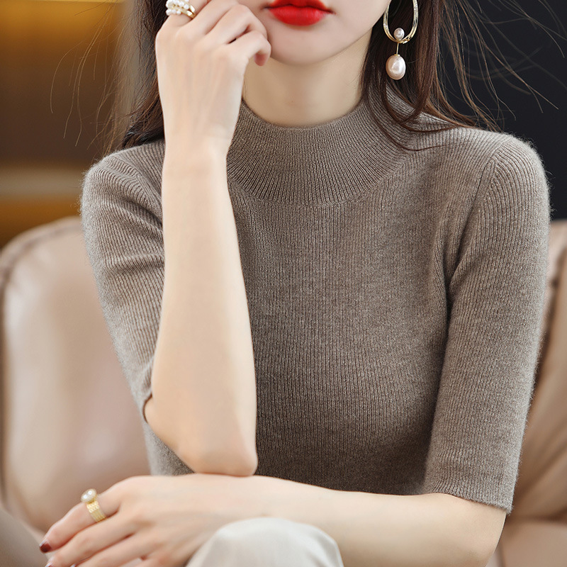 Spring and Autumn half turtleneck half sleeve wool bottoming shirt Women's 24 new slim fit sweater women's suit inner wear slimming fashion