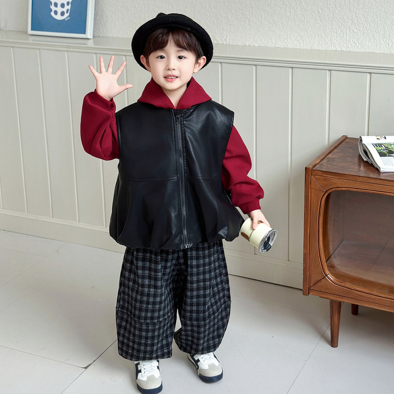 男童连帽卫衣三件套2025新款春秋季韩范套装痞帅衣服儿童装皮马甲|undefined