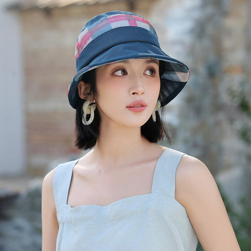 妈妈款春夏季渔夫帽户外出游时尚气质格子盆帽中老年遮阳防晒帽子