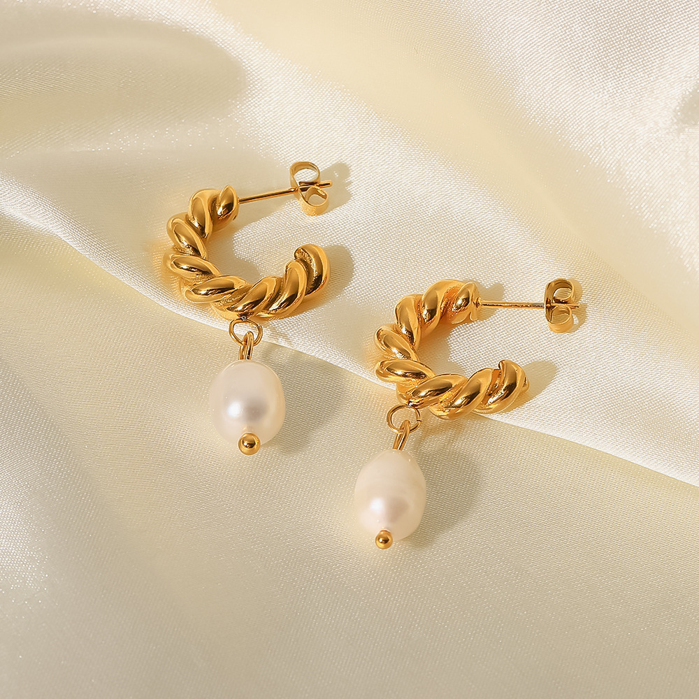 Fashion Geometric Stainless Steel Gold Plated Freshwater Pearl Gold Plated Drop Earrings display picture 3