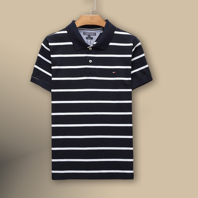 貿易夏 TOMMY トミーストライプ半袖ポロシャツメンズピュアコットンメンズラペル半袖 Tシャツカジュアル|undefined