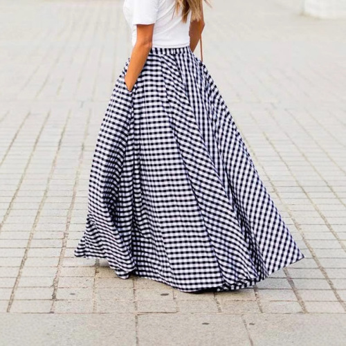 Wish 2025 Spring/Summer New Arrival Elegant All-match Chic Plaid Midi High-waisted Flared Skirt with Draping Pleated Skirt