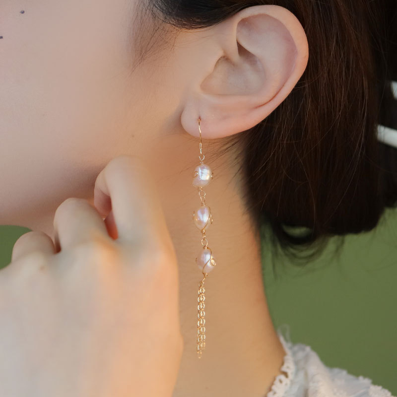 XlentAg aretes de perla natural aretes de bronce aretes largos para mujeres lujosos aretes de diseño manual de alta calidad