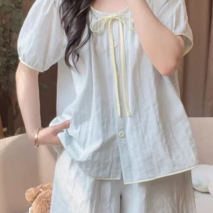 女性のためのパジャマ夏クラウドコットン 2025 新しいスタイル甘くてかわいい韓国スタイルの半袖ショーツホームウェアセット胸パッド付き|undefined