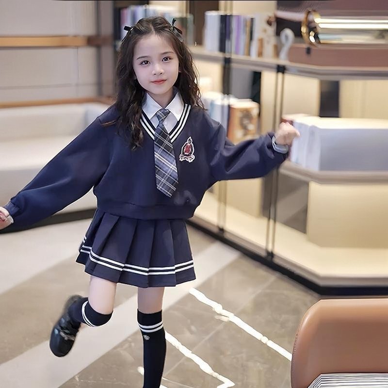 女孩JK裙子韩系卫衣套装中大童韩系拼色春秋新款半身裙长袖两件套|undefined