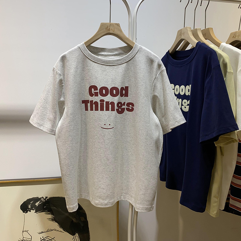 Pure Cotton Collar American Letter Printed Short-Sleeved T-Shirt for Women 2024 Summer Loose Couple Style Casual Tops