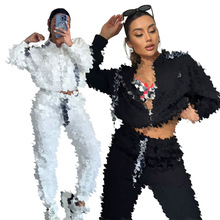 Y71626欧美女装跨境  秋冬新款 时尚压花 口袋 拉链 连帽套装现货